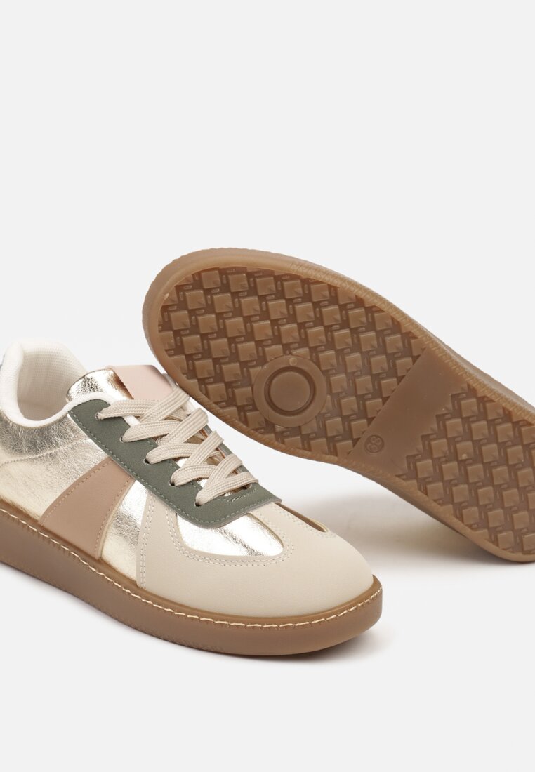 Beżowo-Zielone Płaskie Sneakersy z Metaliczną Wstawką Nevsina