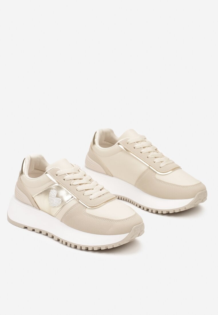 Beżowe Płaskie Sneakersy z Metalicznymi Wstawkami Neveatha