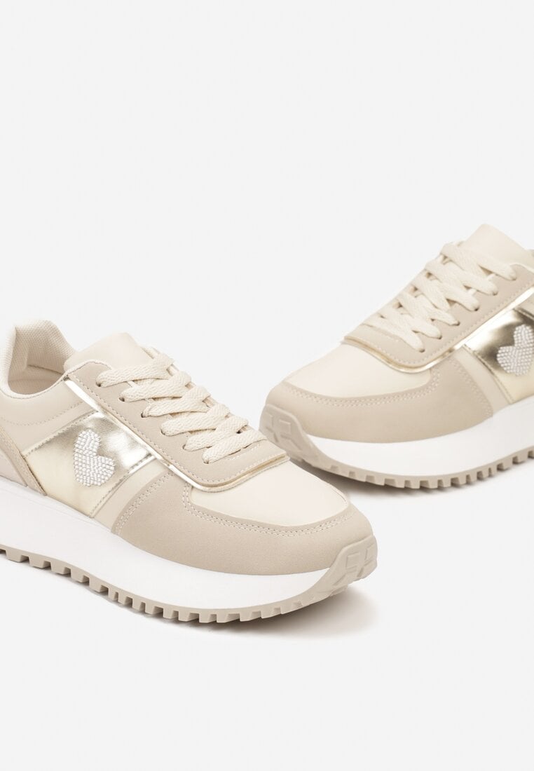 Beżowe Płaskie Sneakersy z Metalicznymi Wstawkami Neveatha