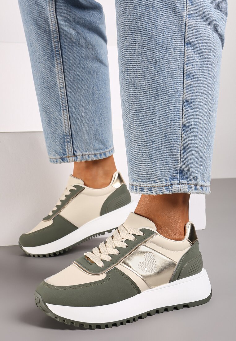 Zielone Płaskie Sneakersy z Metalicznymi Wstawkami Neveatha