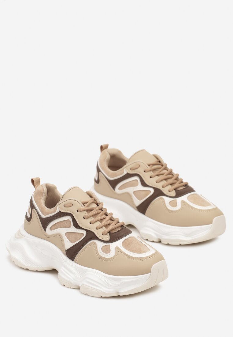 Beżowe Sneakersy na Grubej Podeszwie z Geometrycznym Wzorem Mevanira