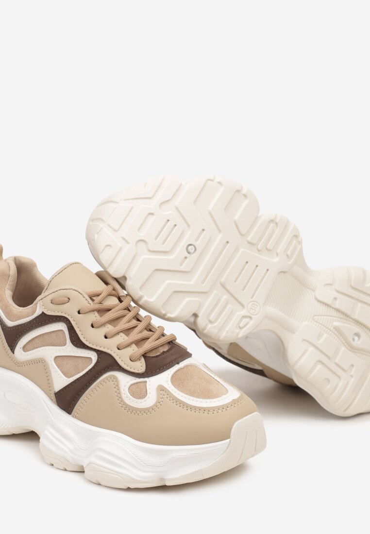 Beżowe Sneakersy na Grubej Podeszwie z Geometrycznym Wzorem Mevanira