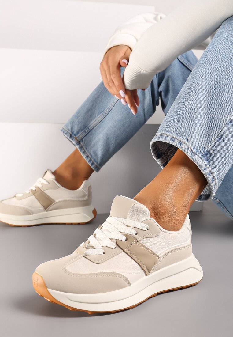 Beżowe Płaskie Sznurowane Sneakersy z Geometrycznym Wzorem Neveanna