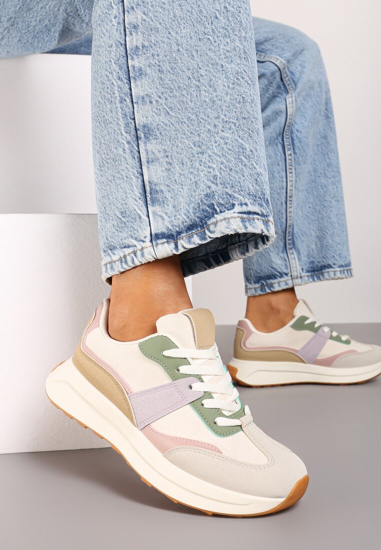 Beżowo-Zielone Płaskie Sznurowane Sneakersy z Geometrycznym Wzorem Neveanna