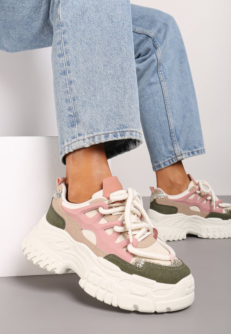 Beżowo-Zielone Sneakersy na Grubej Podeszwie z Ozdobnymi Sznurówkami i Przeszyciami Nevetiana