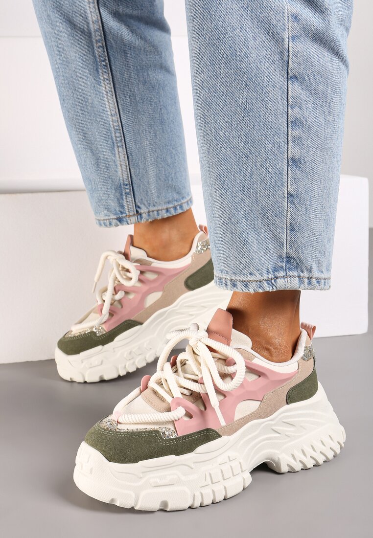 Beżowo-Zielone Sneakersy na Grubej Podeszwie z Ozdobnymi Sznurówkami i Przeszyciami Nevetiana