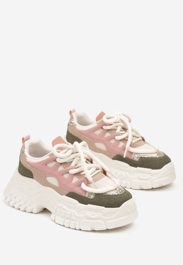 Beżowo-Zielone Sneakersy na Grubej Podeszwie z Ozdobnymi Sznurówkami i Przeszyciami Nevetiana
