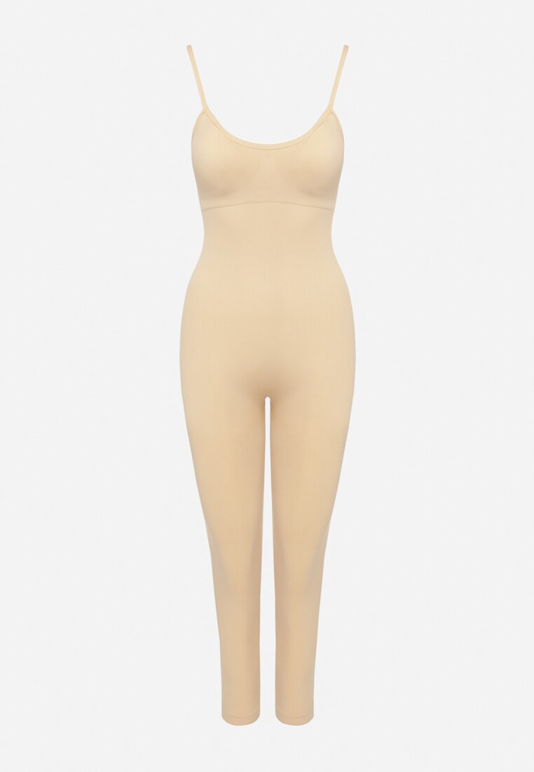 Beżowy Kombinezon Bodycon z Cienkimi Ramiączkami Nevithas