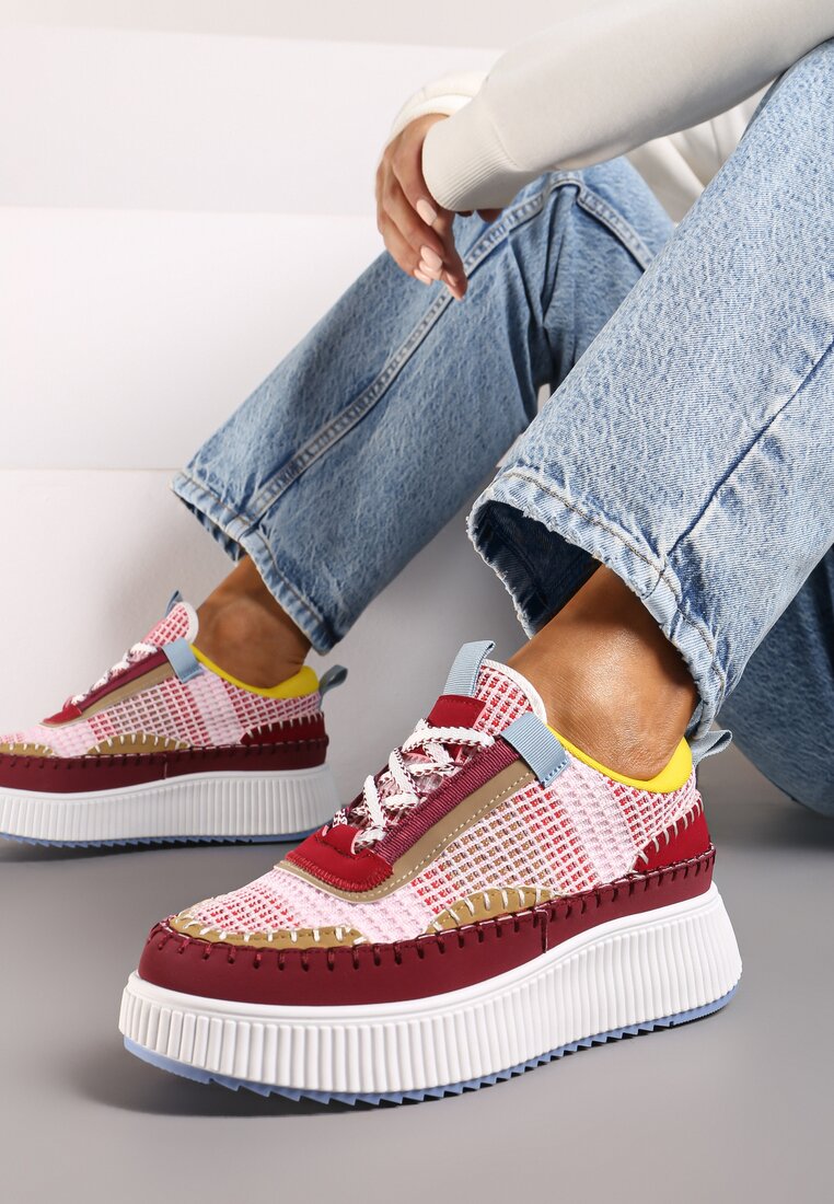 Bordowe Sneakersy na Grubej Podeszwie Ozdobione Przeszyciami Terilira