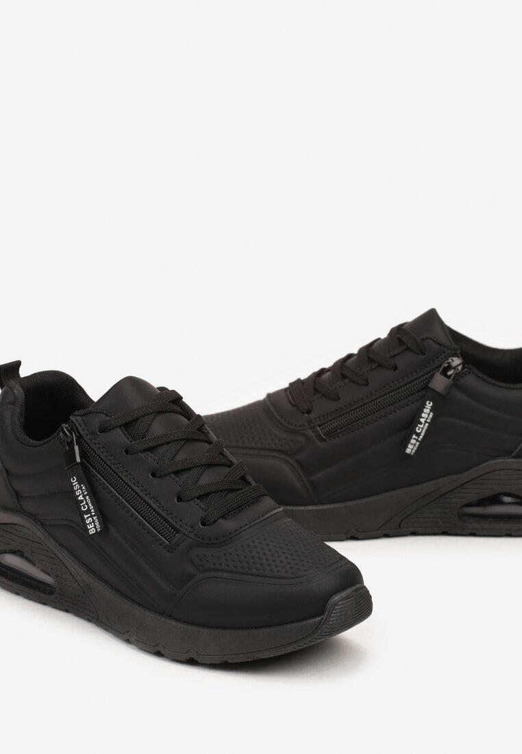 Czarne Sneakersy na Grubej Podeszwie z Tłoczonymi Paskami Justinalin