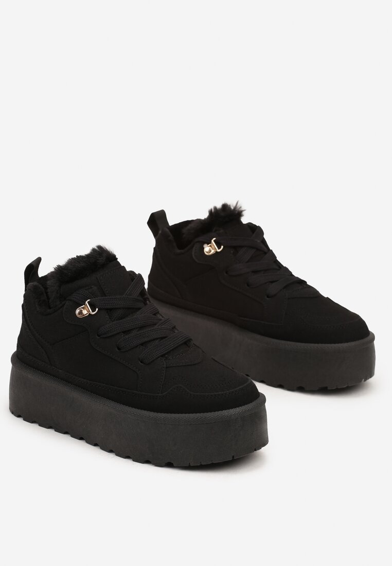 Czarne Sneakersy w Stylu Śniegowców z Futerkiem na Platformie Mavione