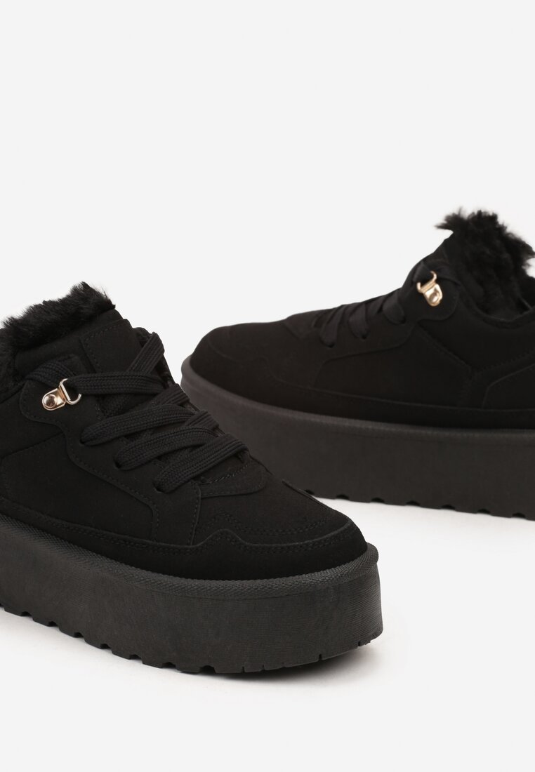 Czarne Sneakersy w Stylu Śniegowców z Futerkiem na Platformie Mavione