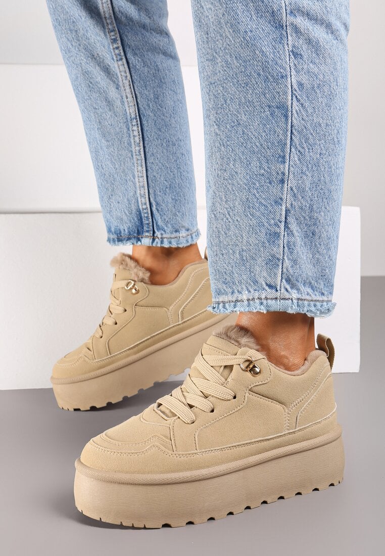 Ciemnobeżowe Sneakersy w Stylu Śniegowców z Futerkiem na Platformie Mavione