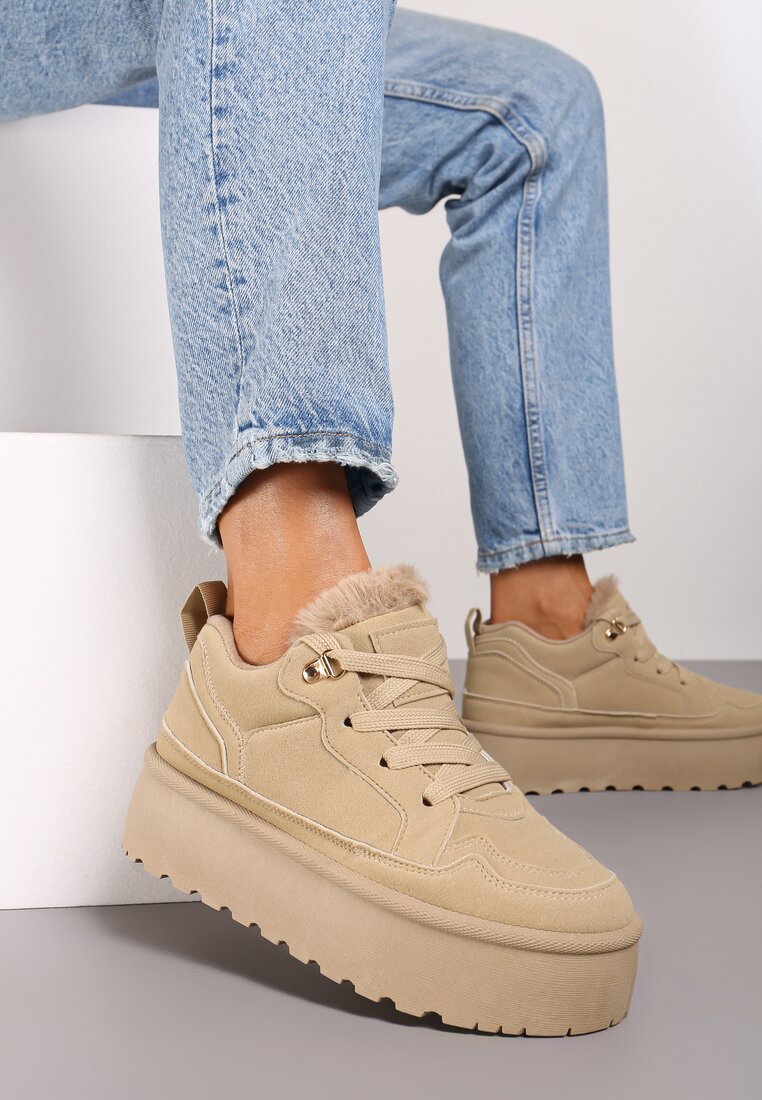 Ciemnobeżowe Sneakersy w Stylu Śniegowców z Futerkiem na Platformie Mavione