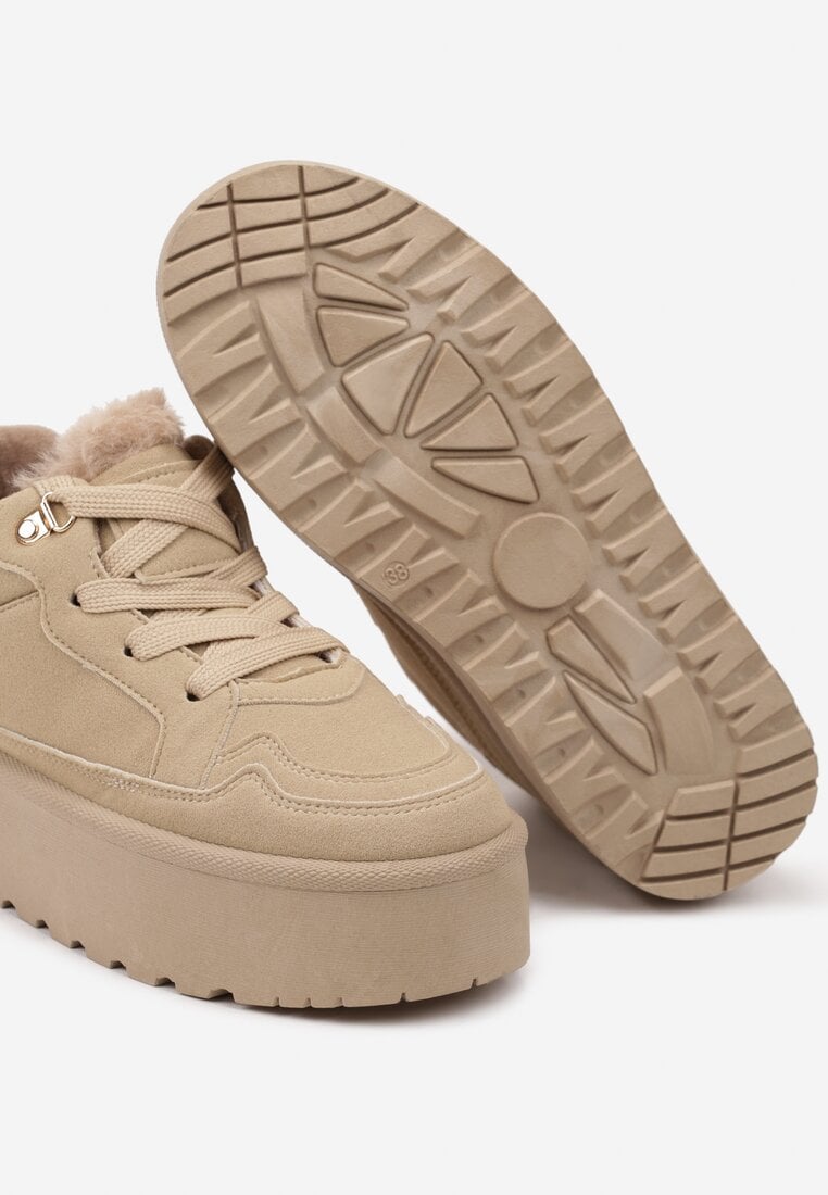 Ciemnobeżowe Sneakersy w Stylu Śniegowców z Futerkiem na Platformie Mavione