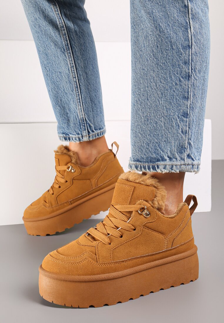 Brązowe Sneakersy w Stylu Śniegowców z Futerkiem na Platformie Mavione