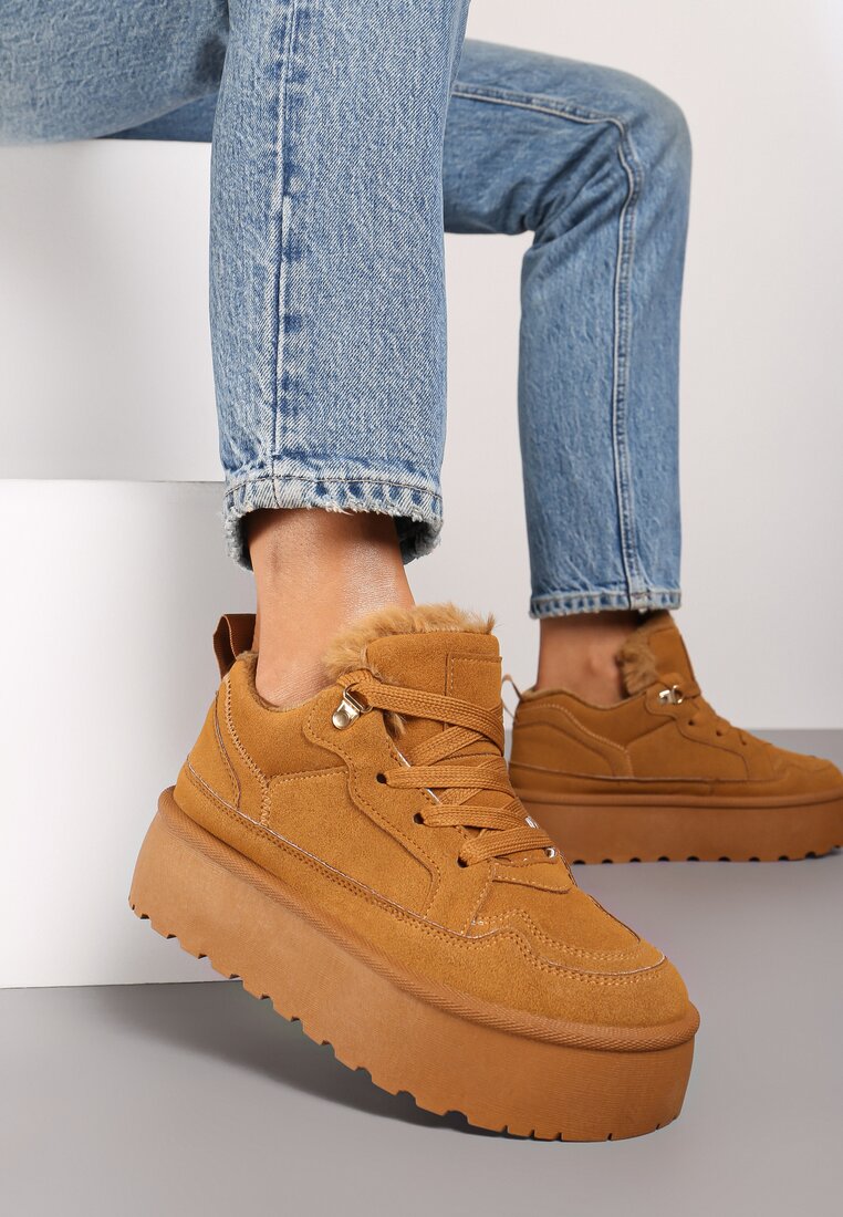 Brązowe Sneakersy w Stylu Śniegowców z Futerkiem na Platformie Mavione