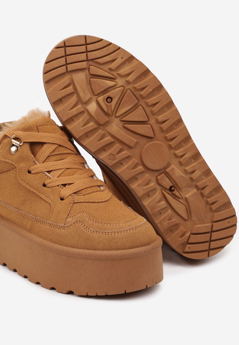Brązowe Sneakersy w Stylu Śniegowców z Futerkiem na Platformie Mavione
