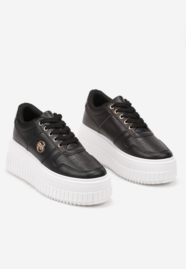 Czarne Sneakersy na Platformie z Metaliczną Wstawką z Boku Mevit