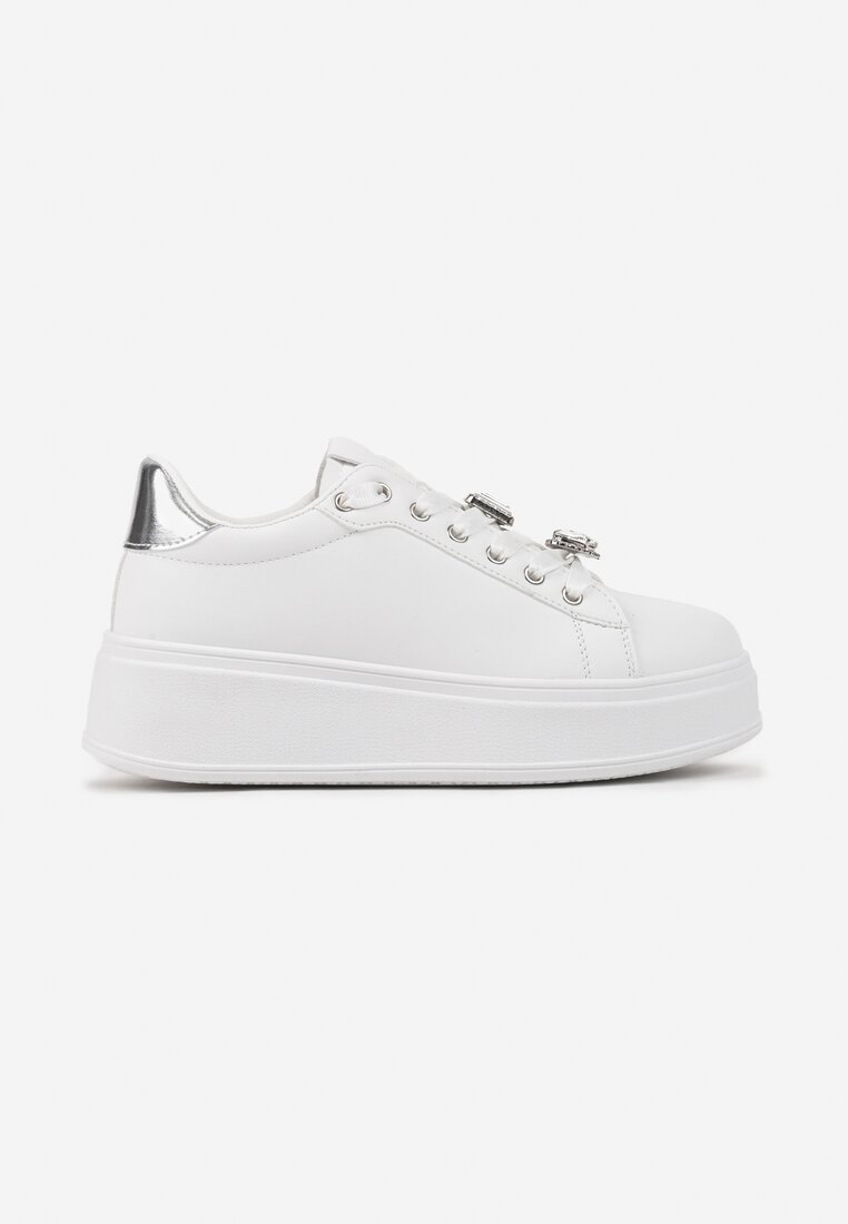 Biało-Srebrne Sneakersy na Platformie z Ozdobnymi Aplikacjami na Sznurówkach Altheati