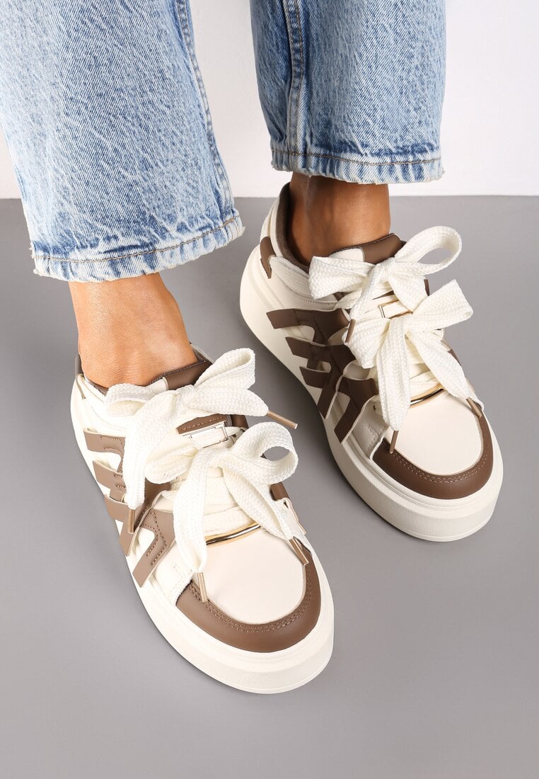 Brązowe Sneakersy na Grubej Podeszwie z Ozdobnymi Paskami Leristhra