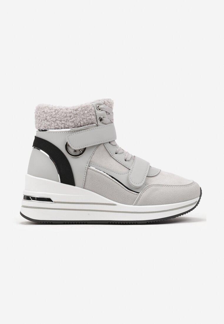 Szare Sznurowane Sneakersy na Koturnie ze Sztucznym Futrem i Metalicznymi Aplikacjami Leridras