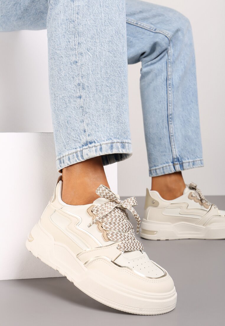 Beżowe Sneakersy na Grubej Podeszwie z Ozdobnymi Wstawkami Beriona