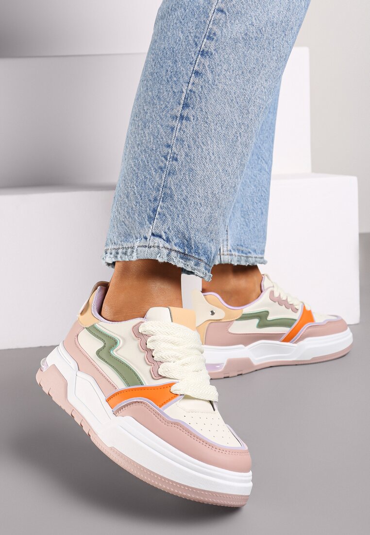 Różowe Sneakersy na Grubej Podeszwie z Ozdobnymi Wstawkami Beriona
