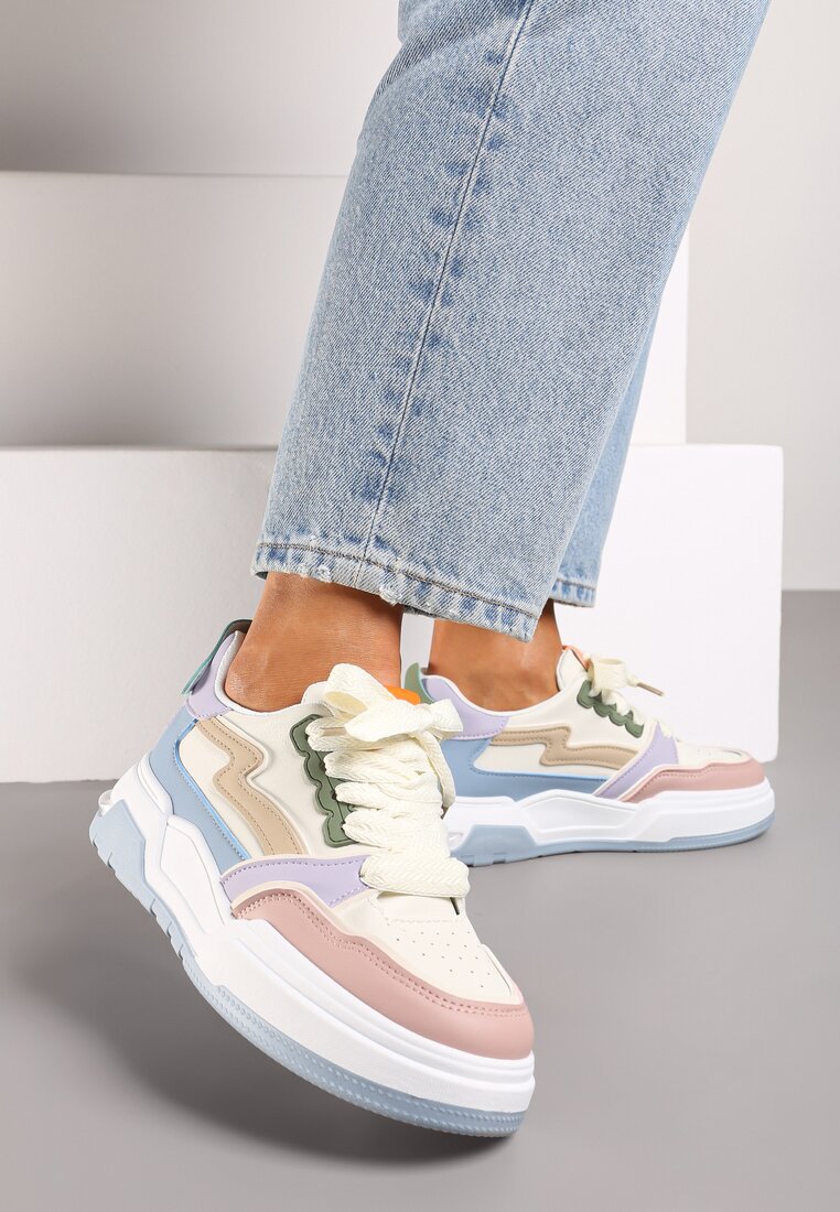 Niebiesko-Białe Sneakersy na Grubej Podeszwie z Ozdobnymi Wstawkami Beriona