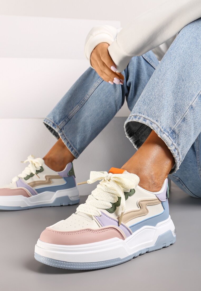 Niebiesko-Białe Sneakersy na Grubej Podeszwie z Ozdobnymi Wstawkami Beriona