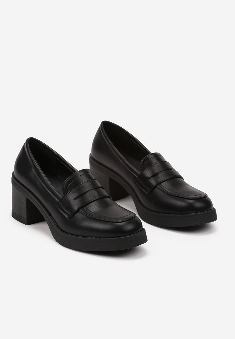 Czarne Półbuty w Stylu Mokasynów na Drewnianym Obcasie Merisina