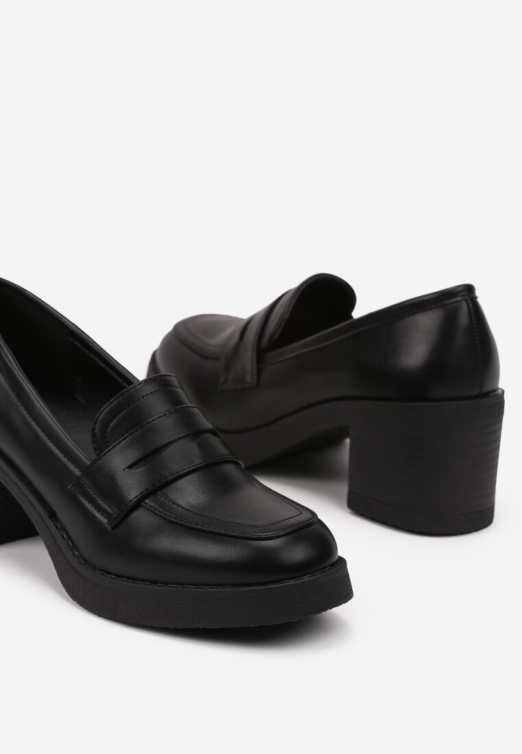 Czarne Półbuty w Stylu Mokasynów na Drewnianym Obcasie Merisina