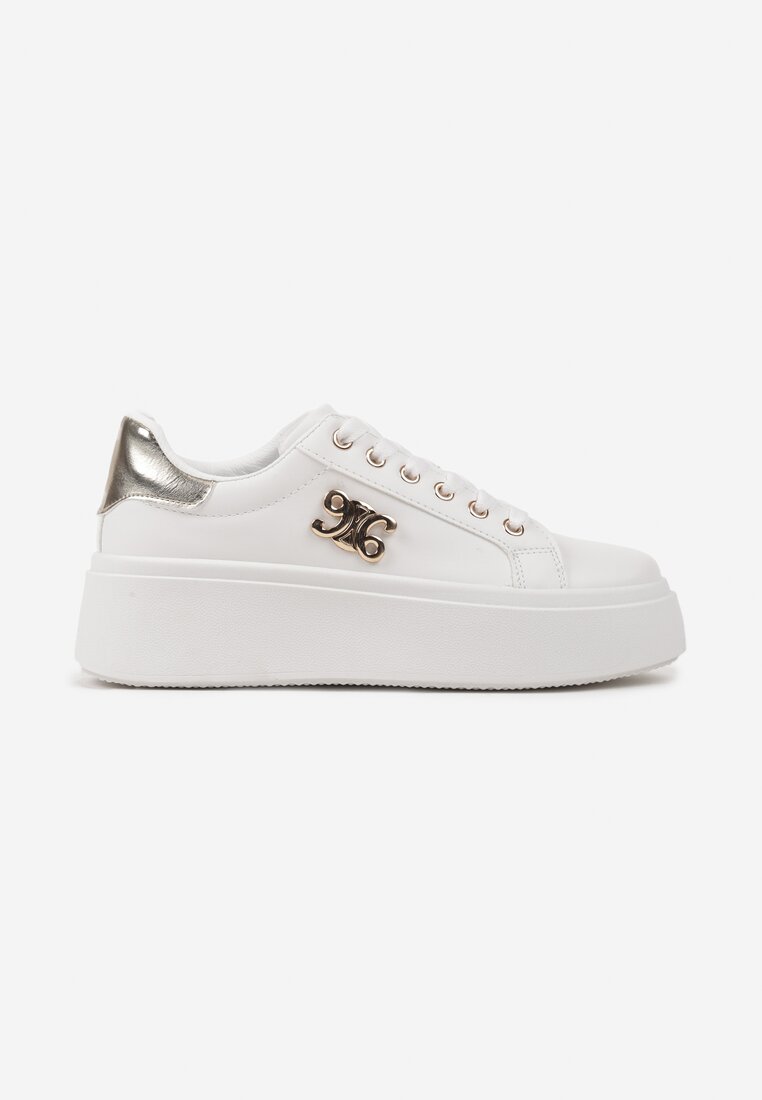 Biało-Złote Sneakersy na Grubej Podeszwie Ozdobione Metaliczną Aplikacją Rexiana