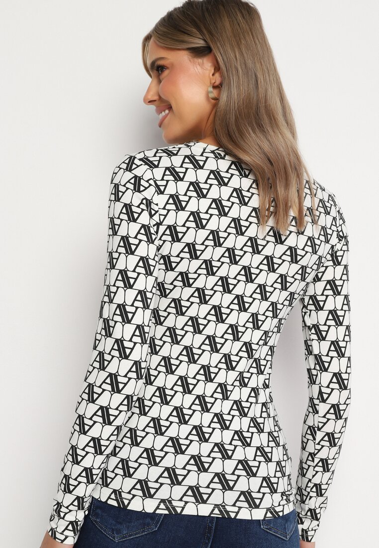 Biało-Czarna Bawełniana Bluzka Longsleeve w Literowy Wzór Stelisara