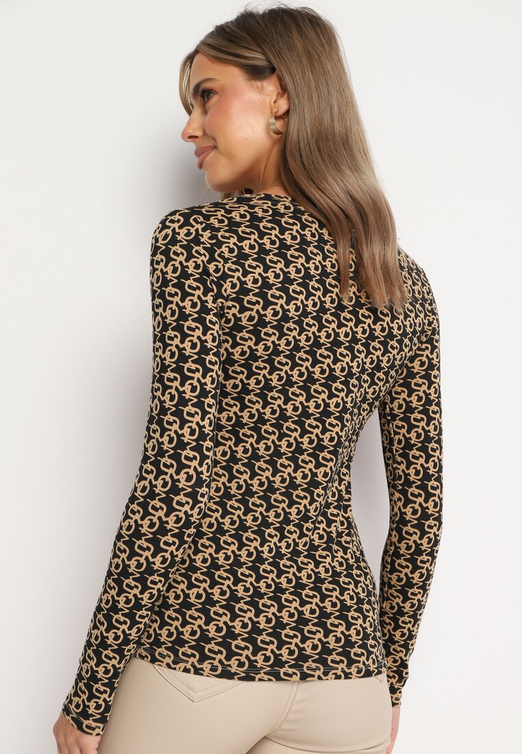 Czarno-Beżowa Bawełniana Bluzka Typu Longsleeve z Bawełny w Abstrakcyjny Wzór Heslora