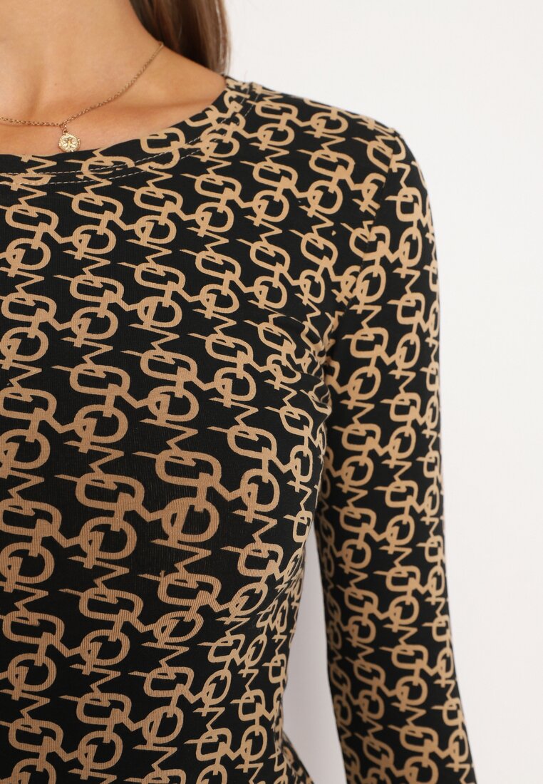 Czarno-Beżowa Bawełniana Bluzka Typu Longsleeve z Bawełny w Abstrakcyjny Wzór Heslora
