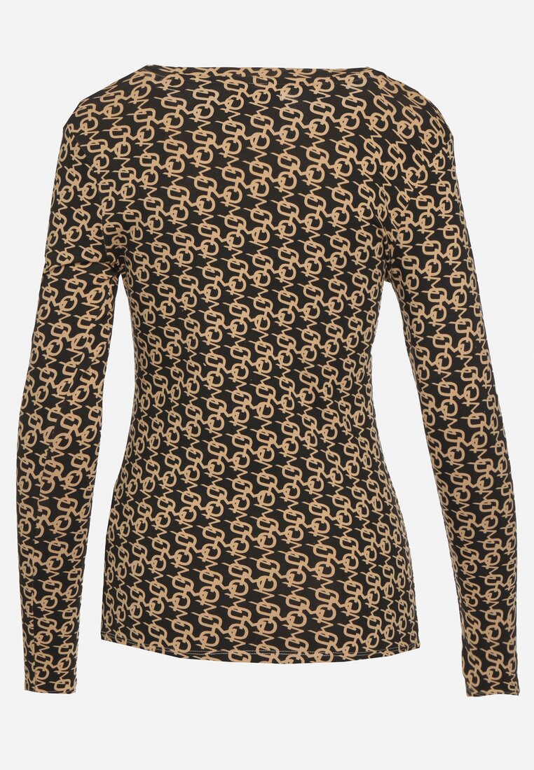 Czarno-Beżowa Bawełniana Bluzka Typu Longsleeve z Bawełny w Abstrakcyjny Wzór Heslora