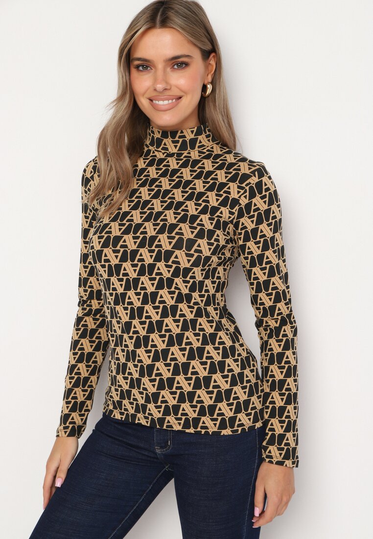 Czarna Bluzka Golf z Bawełny o Kroju Longsleeve w Ozdobne Litery Stelinora