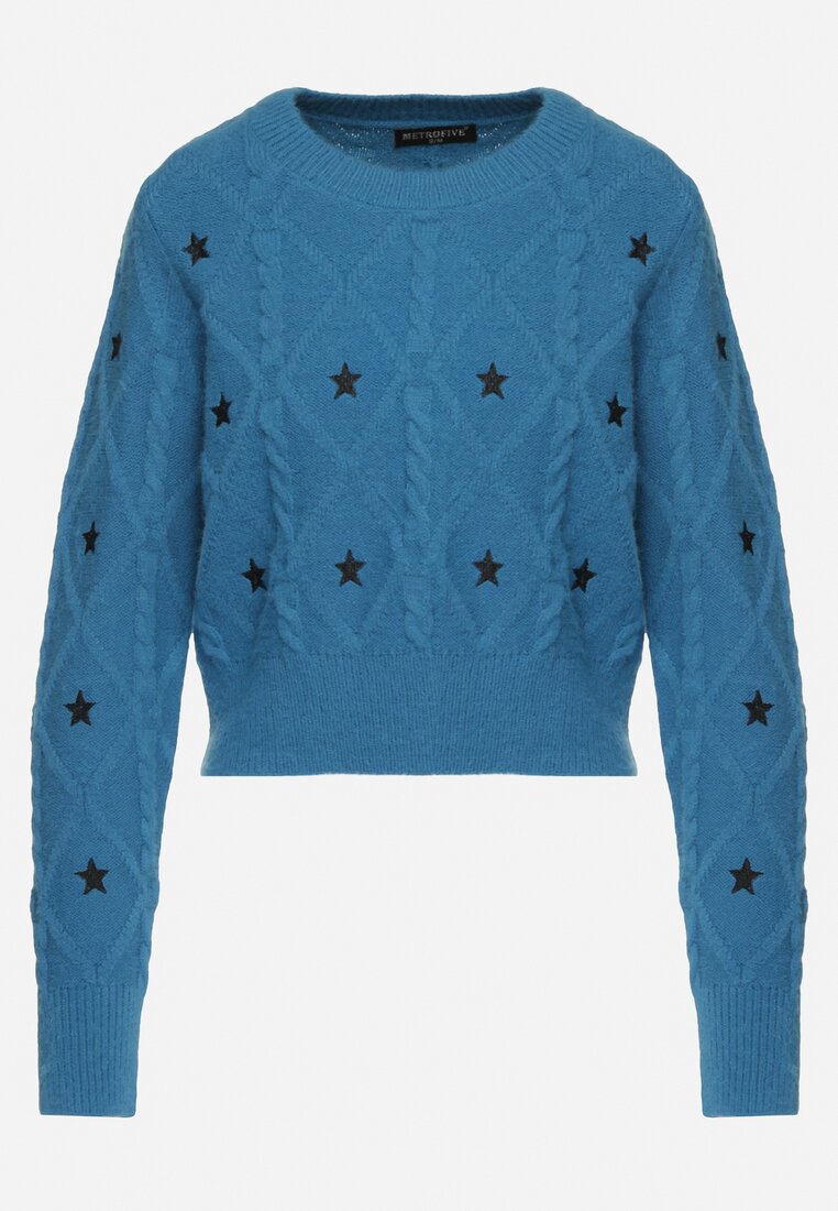 Niebieski Sweter z Dodatkiem Wiskozy z Ozdobnym Splotem w Gwiazdki Ivilna