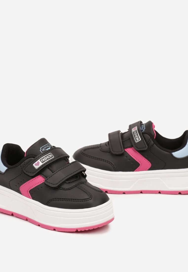 Czarno-Fuksjowe Buty Sportowe Zapinane na Rzepy z Ozdobnymi Wstawkami Meribelles