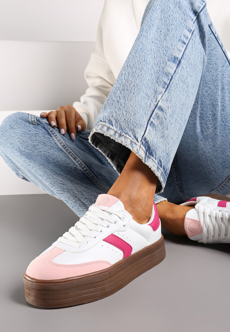 Biało-Różowe Sneakersy na Grubej Podeszwie z Ozdobnymi Wstawkami Irithine