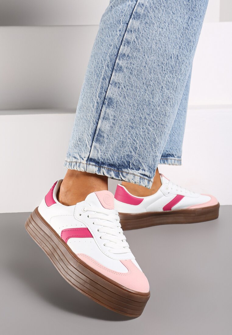 Biało-Różowe Sneakersy na Grubej Podeszwie z Ozdobnymi Wstawkami Irithine