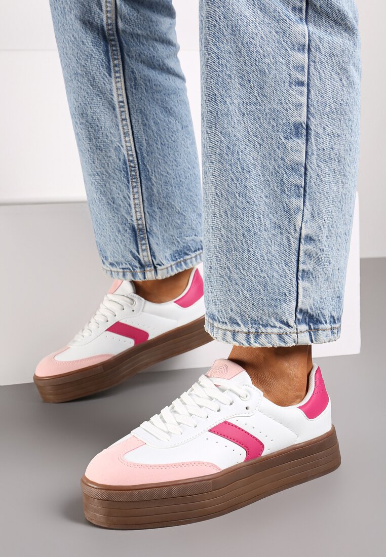 Biało-Różowe Sneakersy na Grubej Podeszwie z Ozdobnymi Wstawkami Irithine