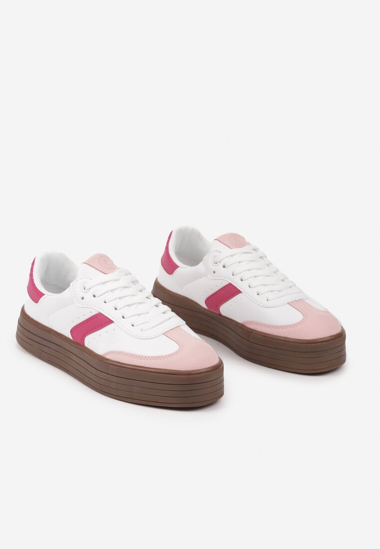 Biało-Różowe Sneakersy na Grubej Podeszwie z Ozdobnymi Wstawkami Irithine