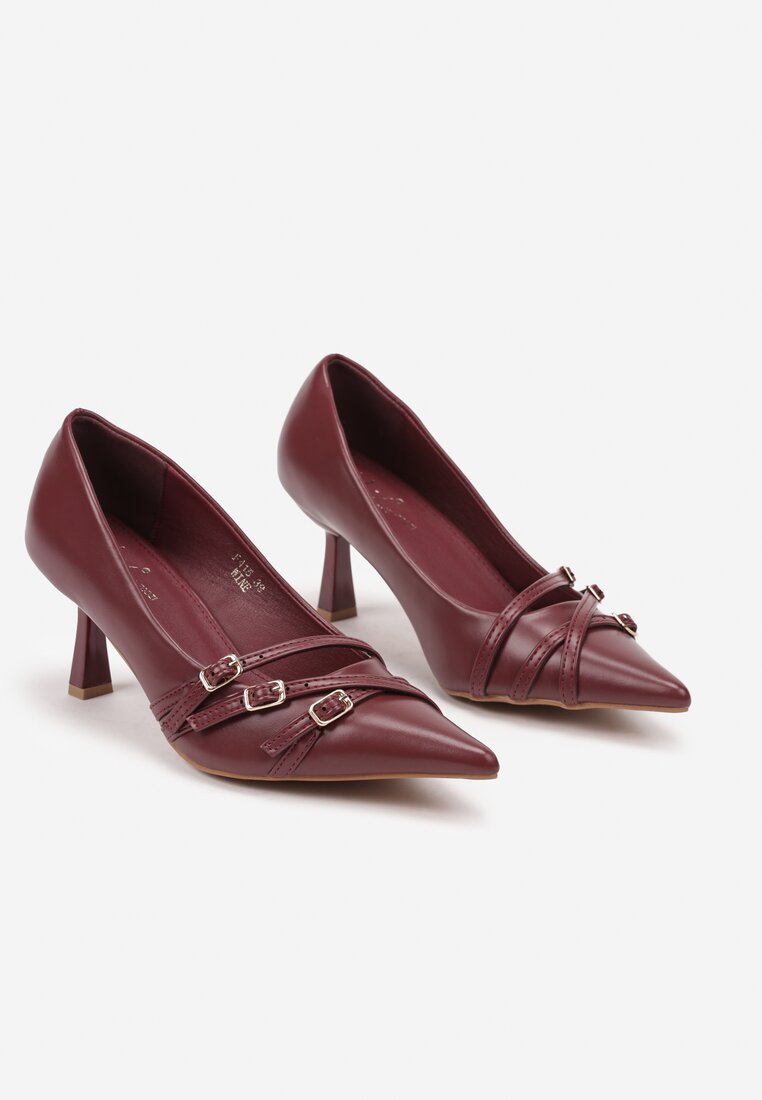 Bordowe Czółenka na Obcasie Kaczuszka z Ozdobnymi Paseczkami Arkira