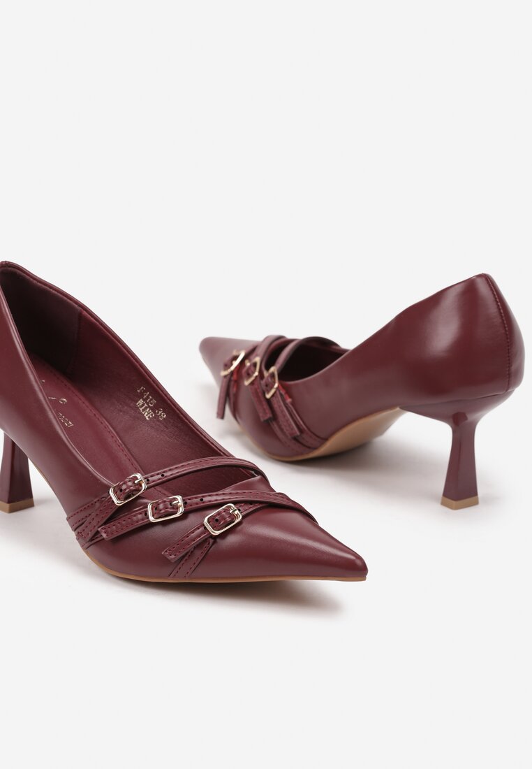 Bordowe Czółenka na Obcasie Kaczuszka z Ozdobnymi Paseczkami Arkira