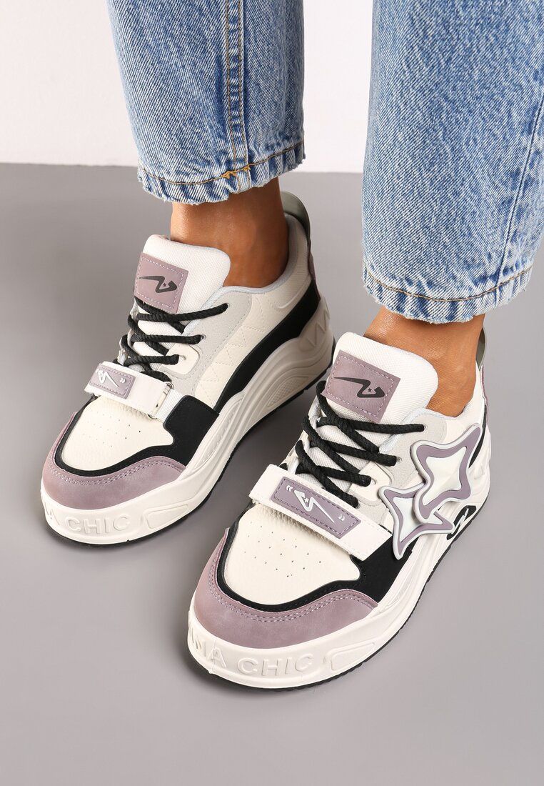 Beżowo-Fioletowe Sneakersy na Grubej podeszwie z Zapięciem na Rzep i Aplikacją na Boku Arforina