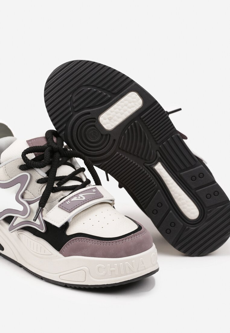 Beżowo-Fioletowe Sneakersy na Grubej podeszwie z Zapięciem na Rzep i Aplikacją na Boku Arforina