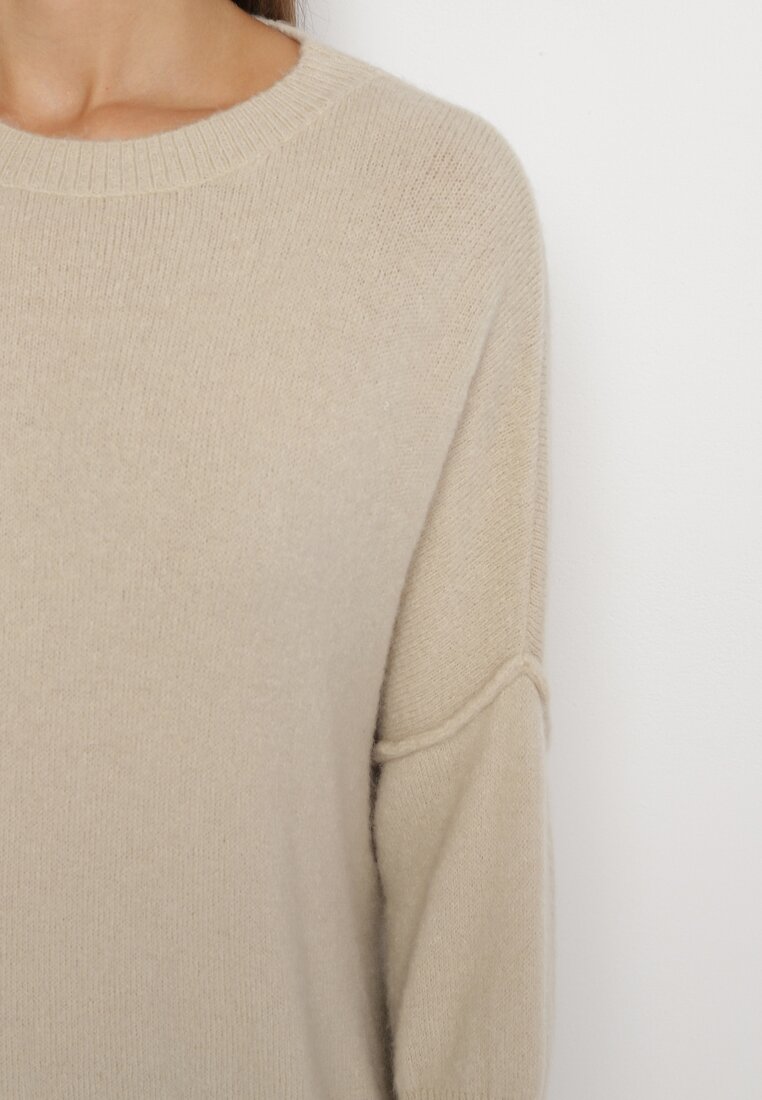 Beżowy Sweter z Rękawami 7/8 z Domieszką Wełny Irilliane