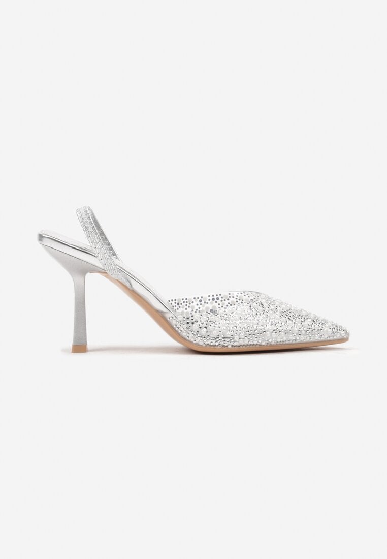 Srebrne Szpilki Bez Pięty Ozdobione Cyrkoniami i Transparentną Cholewką Arklora